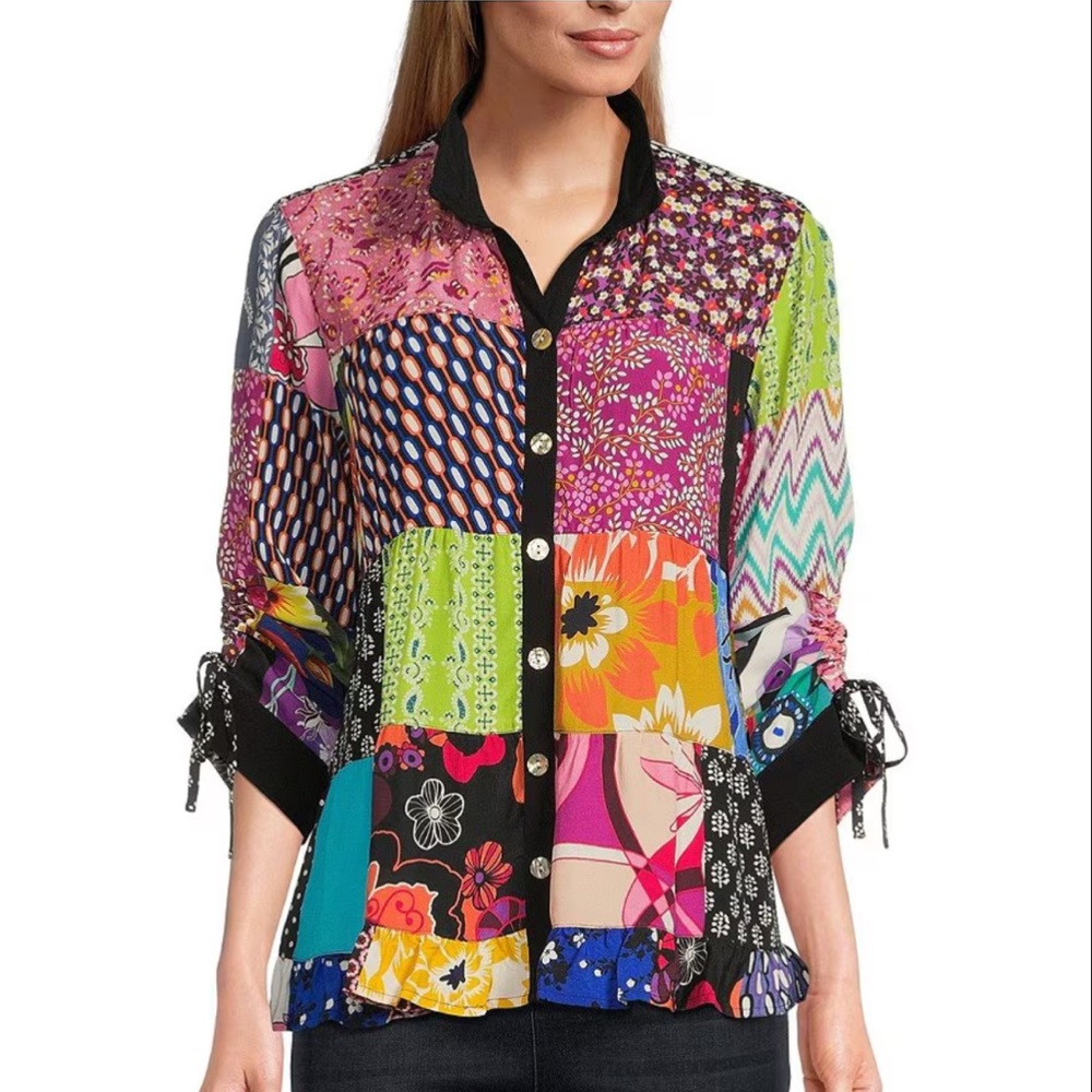 John Mark Woven Patch Print Wire collar 3/4 Cinch Tie Sleeves Button-Front Shirt